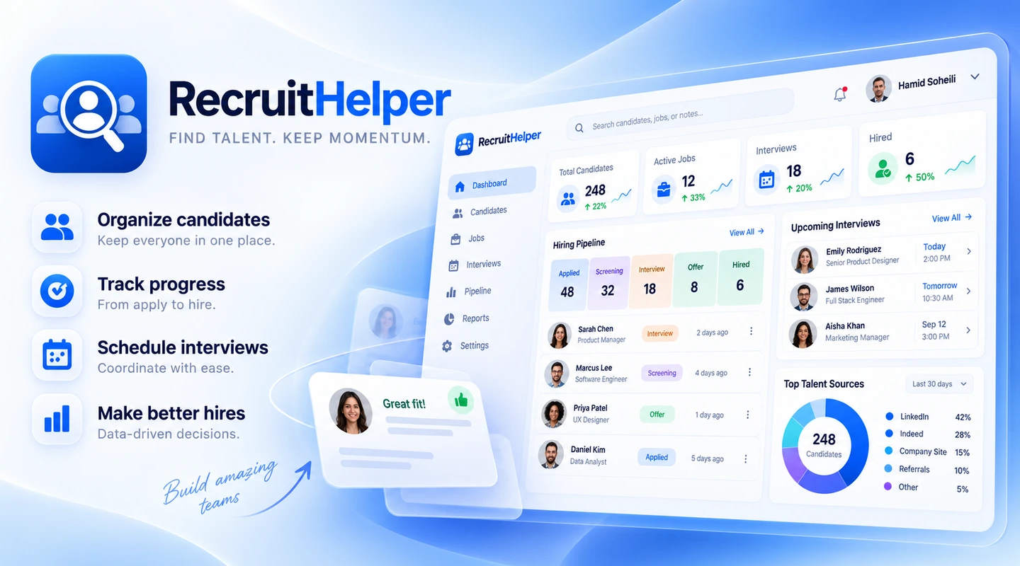RecruitHelper candidate tracking and hiring pipeline dashboard